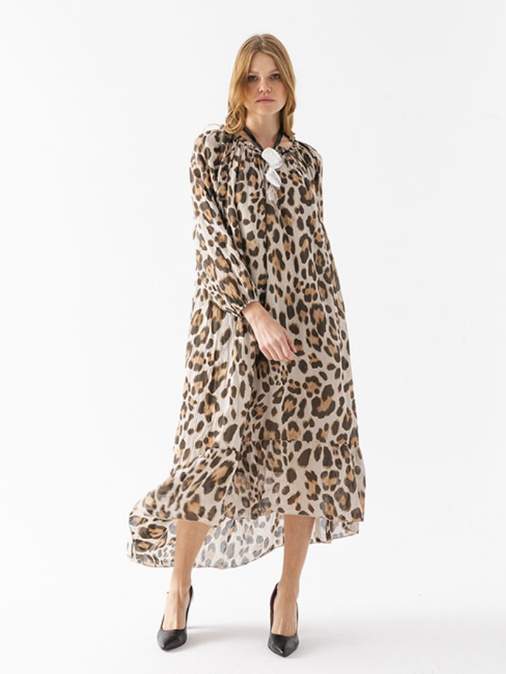 Leopar Desenli Koton Elbise