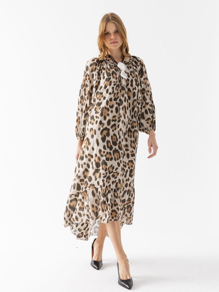 Leopar Desenli Koton Elbise