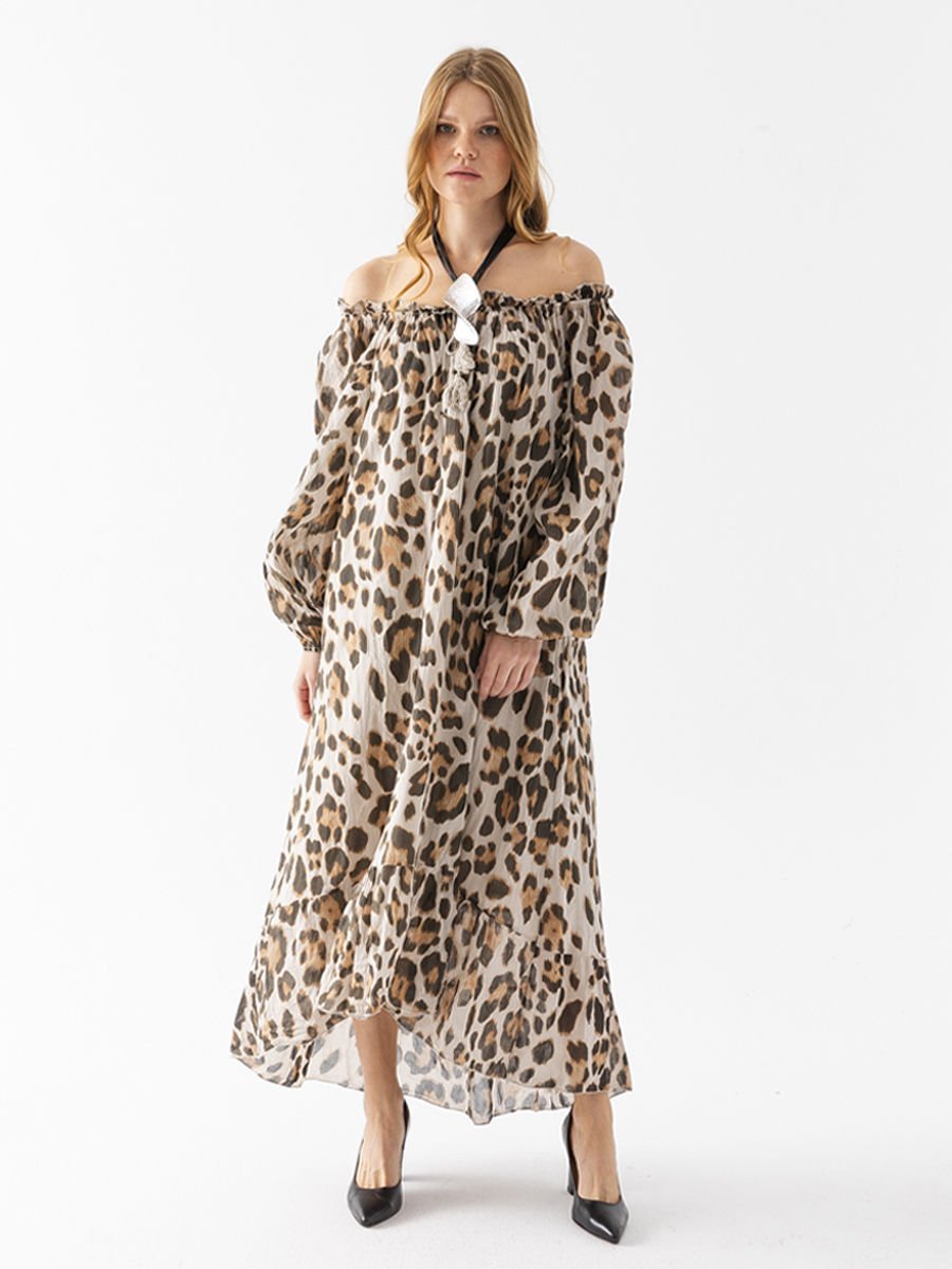 Leopar Desenli Koton Elbise