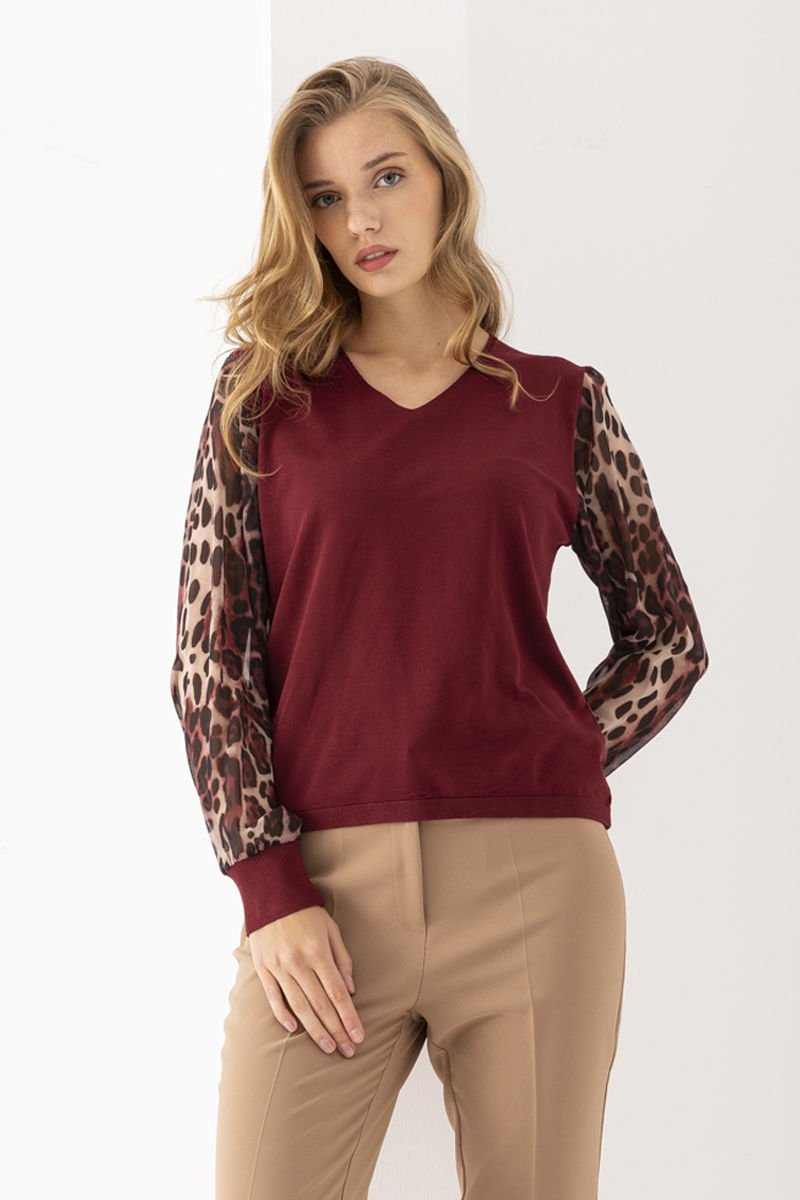Leopar Desen Tüllü Bordo İnce Kazak