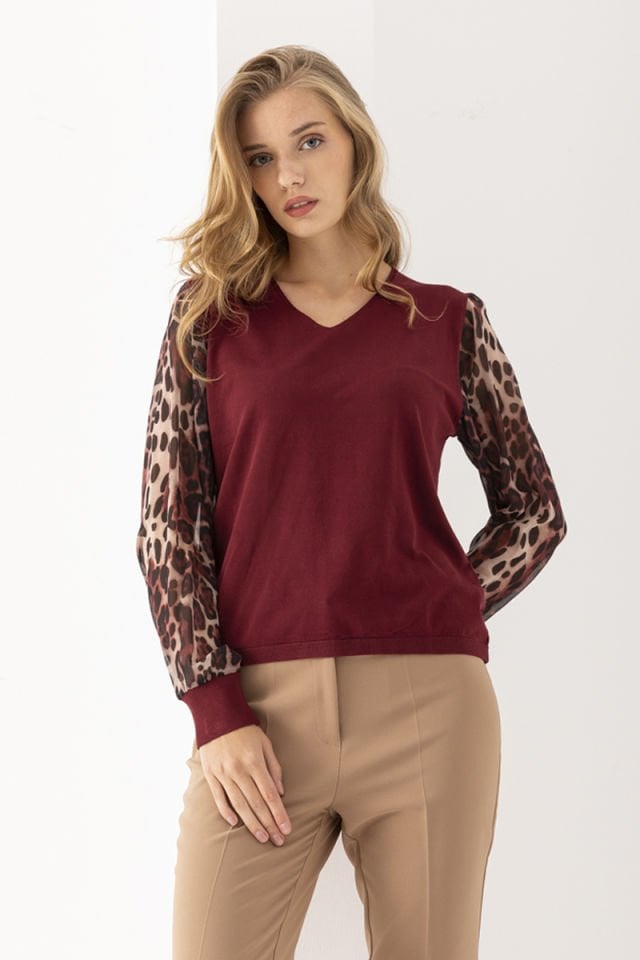 Leopar Desen Tüllü Bordo İnce Kazak