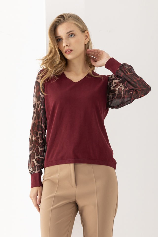 Leopar Desen Tüllü Bordo İnce Kazak