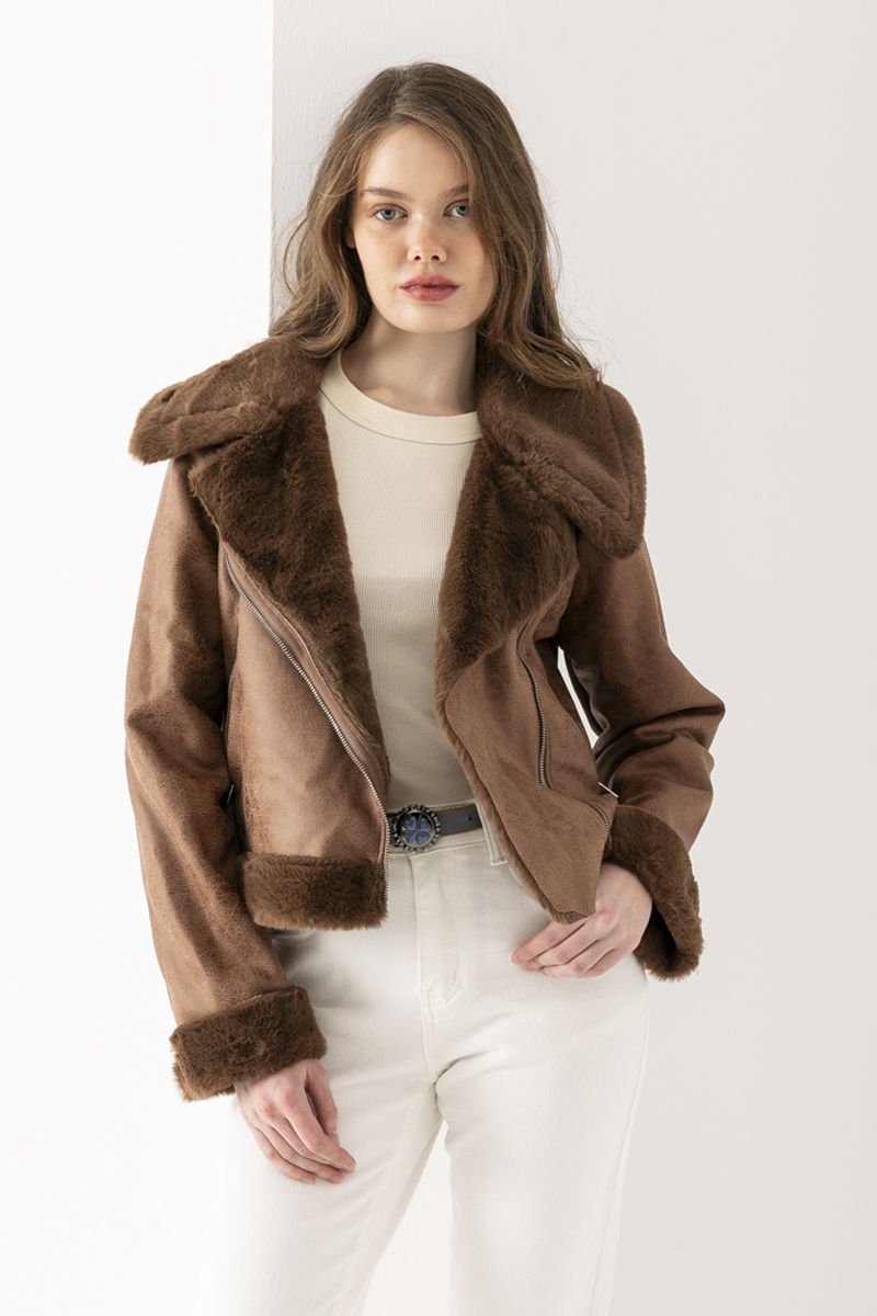 Peluş Yakalı Camel Mont