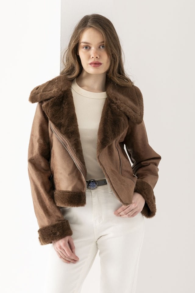 Peluş Yakalı Camel Mont