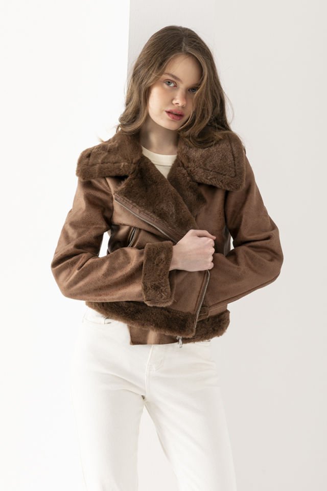 Peluş Yakalı Camel Mont