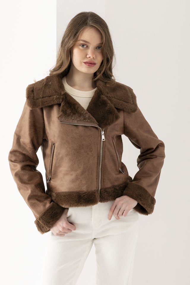 Peluş Yakalı Camel Mont