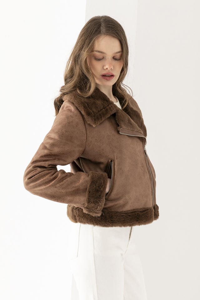 Peluş Yakalı Camel Mont