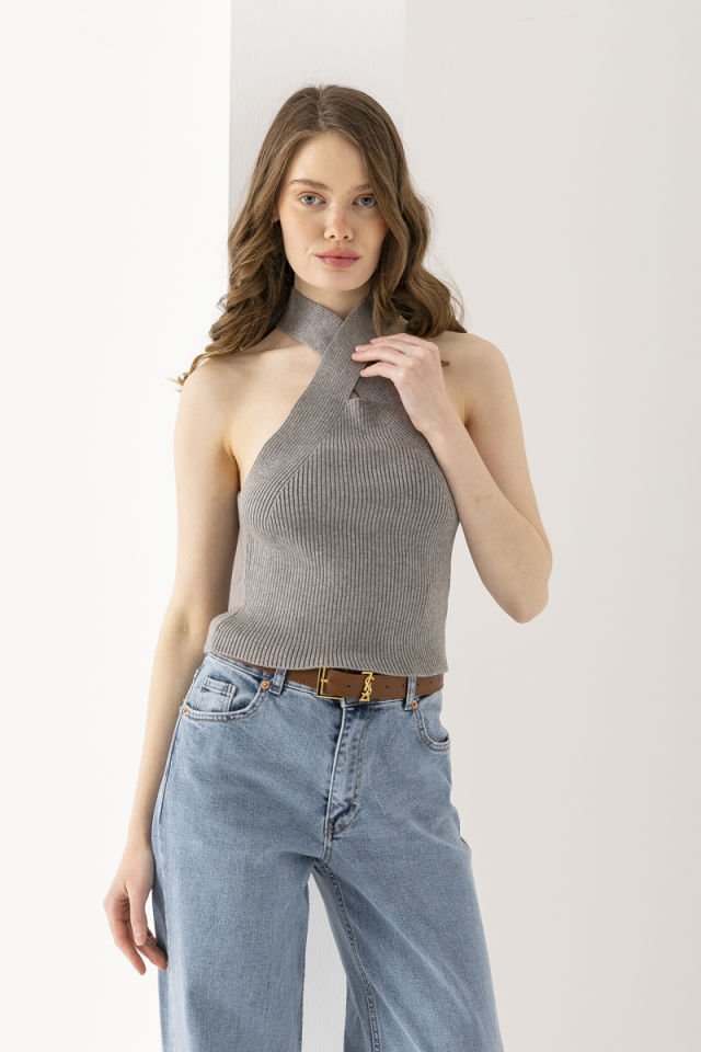 Halter Yaka Triko Bluz