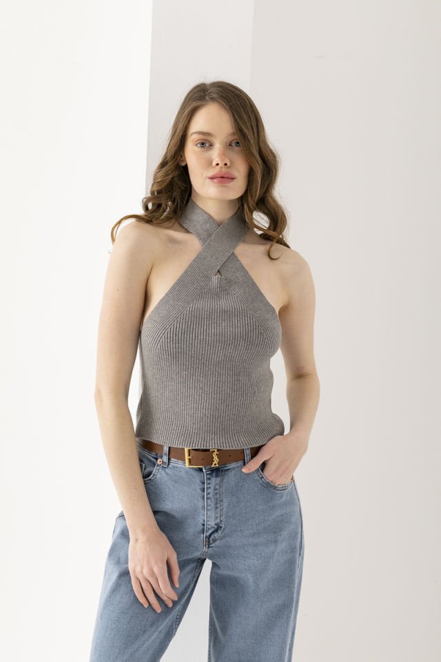 Halter Yaka Triko Bluz