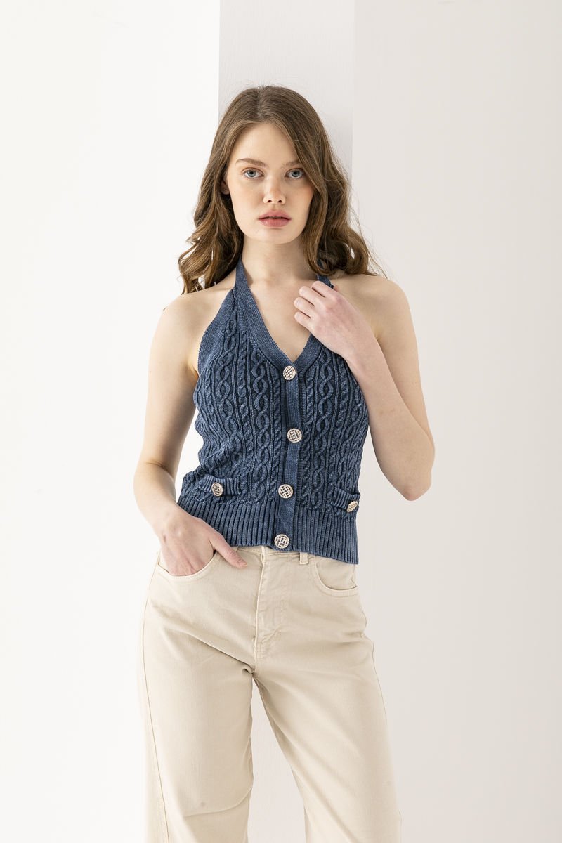 Saç Örgülü Halter Yaka Mavi Crop